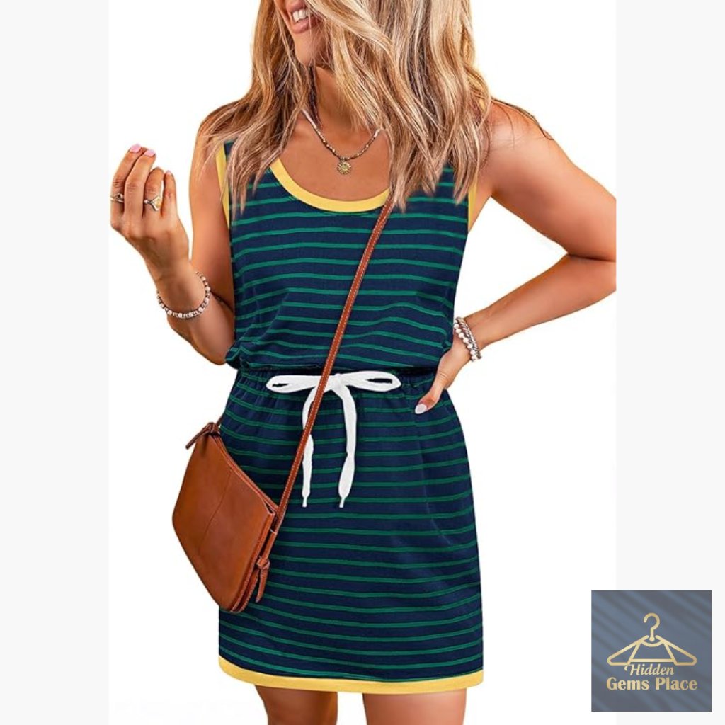 Sleeveless Striped Mini Dress With Drawstring Waist And Pockets
